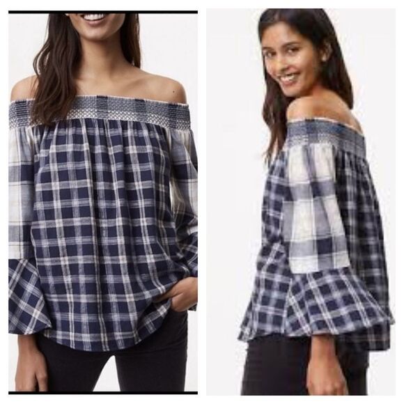LOFT Off The Shoulder Plaid Flare Sleeves Shirt Top Blouse Boho Hippie Small - Picture 1 of 8